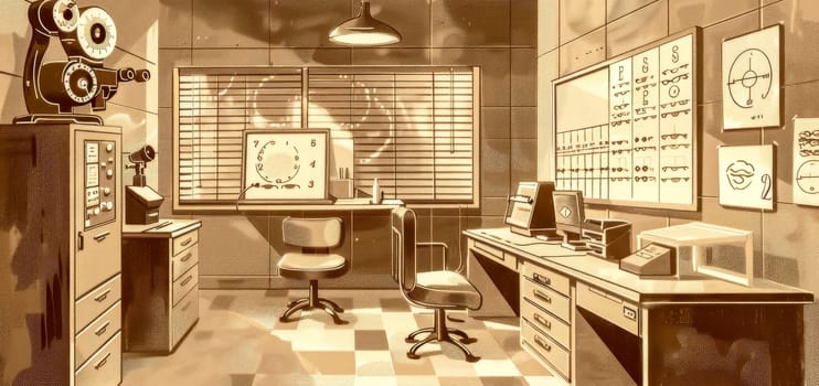 Empty optometrist office with vintage sepia tones, equipped for eye exams, consultations, and appointments