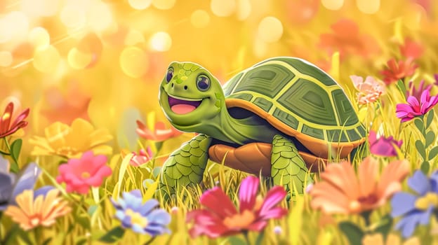Happy green turtle strolls through a field of colorful flowers on a sunny day, radiating joy and peace in nature's beauty