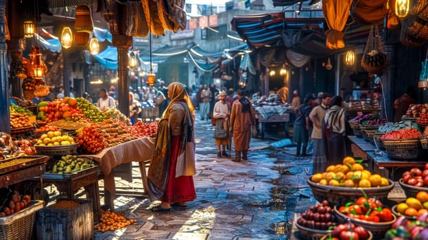 Woman is buying produce from a vendor in a bustling marketplace filled with fresh fruits, vegetables, and other goods