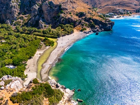 Aerial view of Preveli Beach in the municipality of Agios Vasilios in the region of Rethymno, Crete, Greece