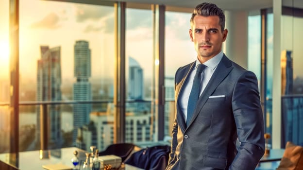Confident businessman in stylish suit stands in modern office with city view at sunset, exuding professionalism and ambition. Ready to take on challenges