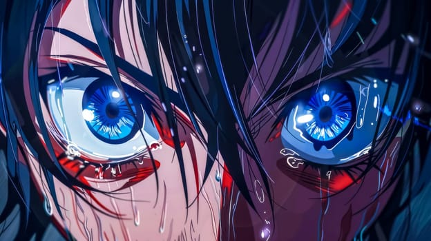 Illustration of an anime character with intense blue eyes and a look of determination on his face, water dripping down his face