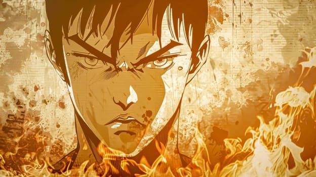 Determined young man faces intense flames, symbolizing strength and courage in a vintage setting