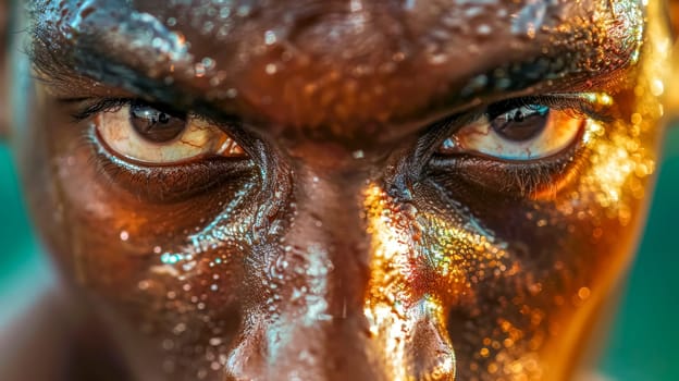 Male athlete with sweat and glittering face paint is expressing intense concentration. The image highlights the dedication and focus required for athletic success