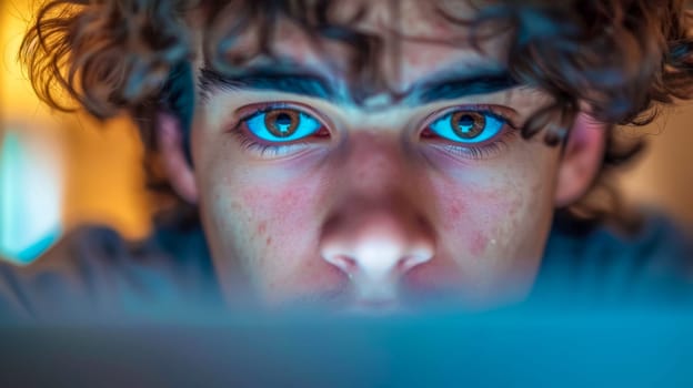 Young man with curly hair is intensely focused on a screen in the dark, with blue light reflecting in his eyes, engrossed in the digital world of social media or gaming
