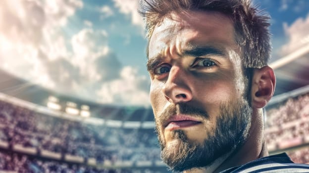Determined rugby player gazes intensely over his shoulder, embodying strength and focus in his sports uniform. The blurred stadium background captures the essence of an active lifestyle