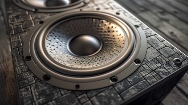 Close-up view of a high-quality audio speaker integrated into a textured stone wall, showcasing intricate design and powerful capabilities