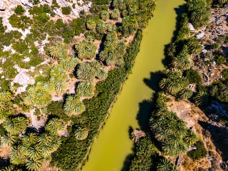 Aerial view of Preveli Beach in the municipality of Agios Vasilios in the region of Rethymno, Crete, Greece