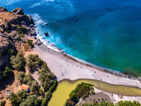 Aerial view of Preveli Beach in the municipality of Agios Vasilios in the region of Rethymno, Crete, Greece