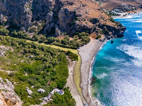 Aerial view of Preveli Beach in the municipality of Agios Vasilios in the region of Rethymno, Crete, Greece
