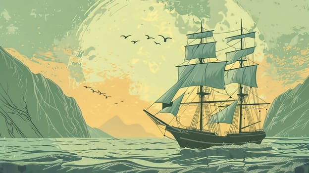 Large sailing ship with multiple sails is sailing on calm waters near some mountains. The sun is setting in the background, casting a warm glow over the scene