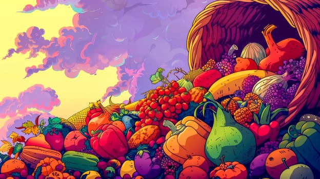 Colorful illustration of a cornucopia overflowing with various fruits and vegetables, set against a backdrop of a cloudy sky