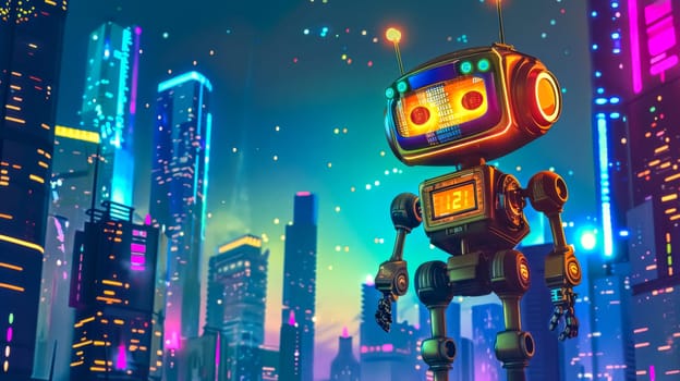 Vintage robot standing tall in a futuristic city with neon lights, blending retro charm with a cutting-edge concept
