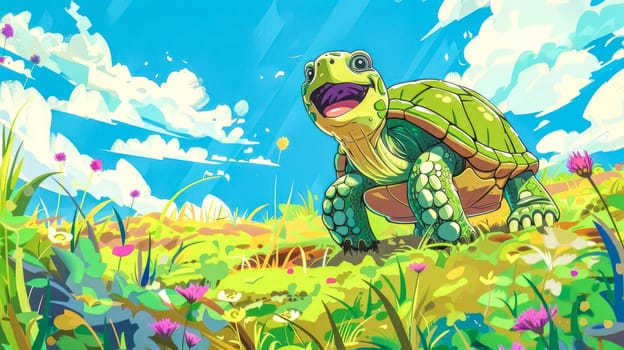 Happy turtle is walking in a field of flowers on a sunny day. This illustration would be perfect for children's books, greeting cards, and more
