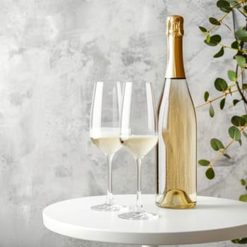 Elegant champagne celebration with two flutes and bottle on white table