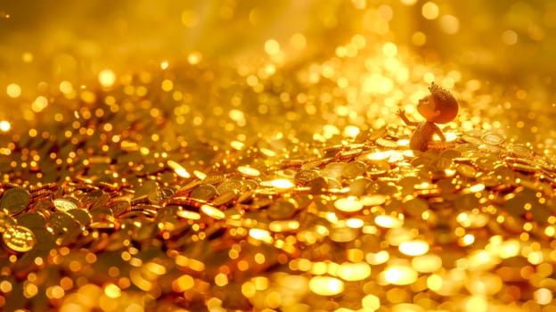 Golden boy figurine with a crown stands on shiny coins, surrounded by warm bokeh. Celebrate wealth, success, and joy with this festive image