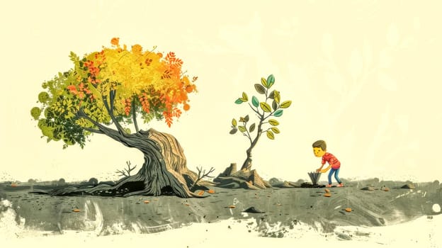 Illustration of a young boy planting a tree in a desolate landscape, symbolizing hope, renewal, and the importance of environmental conservation
