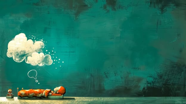 Child is sleeping in bed with a robot on the nightstand and a thought bubble of clouds above their head, suggesting a peaceful and imaginative dream