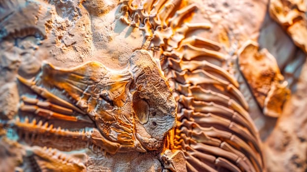 Fossilized remains of a dinosaur skeleton embedded in stone, showcasing the intricate details of prehistoric life and the process of fossilization