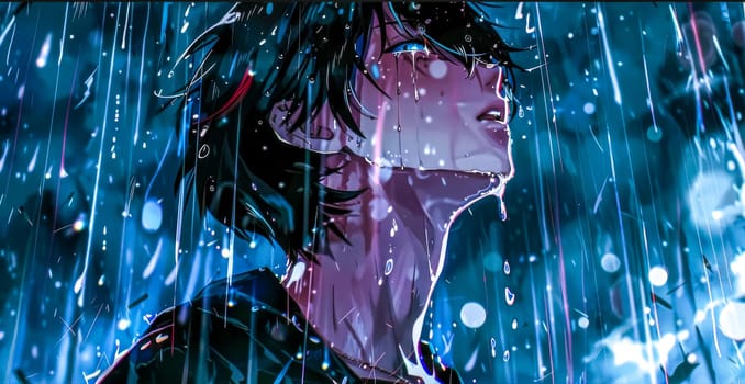 Illustration of a sad man with tears on his face standing under the rain. Concept of sadness, depression, heartbreak and loneliness