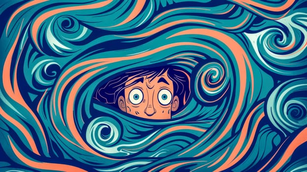 Man drowning in swirling water symbolizes anxiety and stress, capturing intense emotions of fear, worry, and panic. Vivid colors highlight despair and the struggle of mental health issues