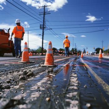 Low-angle view of road construction with workers, orange cones, and machinery under a clear blue sky