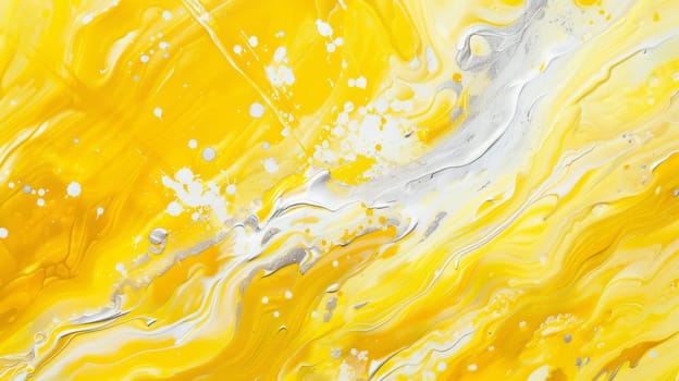 Abstract yellow and white fluid art pattern with paint splashes