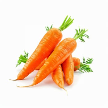 A pile of fresh, bright orange carrots isolated on a white background