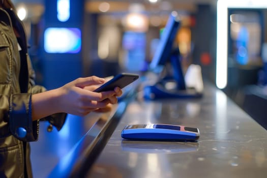 Hands with a smartphone, paying with a card on the phone through a bank terminal at the counter, blurred background