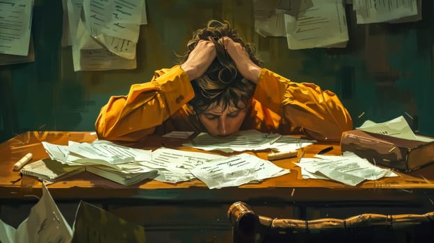Stressed author is holding his head with his hands, leaning on his desk full of papers and books. He is overwhelmed by work