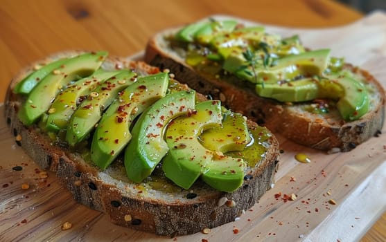 Creamy avocado slices on toasted multigrain bread, topped with cracked black pepper and sea salt flakes, a perfect blend of flavors and textures