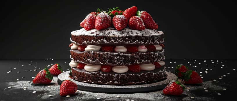 This image captures a grand chocolate cake with layers of cream and strawberries. The strawberries on top appear as a crown, dusted with sugar for a royal finish