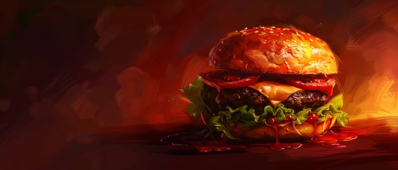 An artistic rendition of a cheeseburger pops with vivid colors and dramatic lighting, capturing the dynamism of classic fast food in a creative presentation