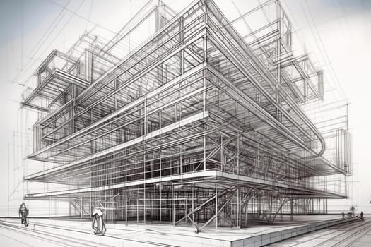 Wireframe of building. sketch design. Digital project visualization.