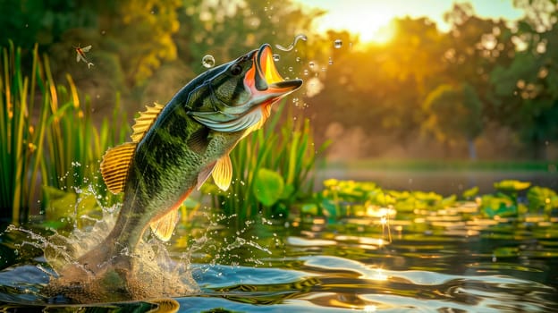 A beautiful Largemouth bass jumping out of the water on a sunny morning. AI generated