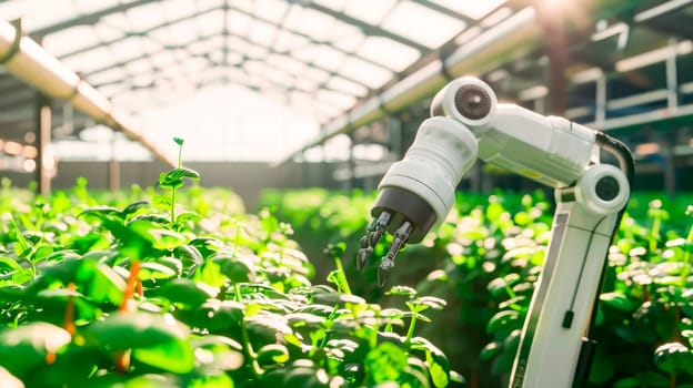 Robotic arm are working on an organic farm. Smart robotic farmers concept. Agriculture technology, farm automation. AI generated