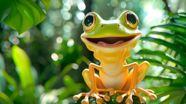 Green smiling tropical frog, close-up view. AI generated