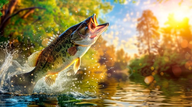 A beautiful open mouth bass jumping out of the water on a sunny morning. AI generated