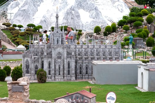 Viserba, Italy - June 25, 2024: Milan Duomo Cathedral at Theme park Italy in Miniature or Italia in Miniatura in Rimini, Italy - Reproduction of famous attractions in a small scale