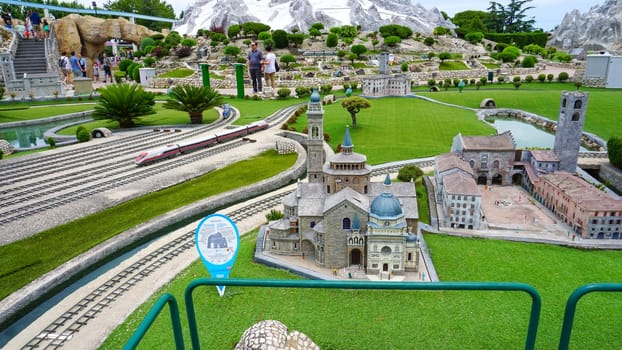 Viserba, Italy - June 25, 2024: Basilica di Santa Maria Maggiore in Bergamo at Theme park Italy in Miniature or Italia in Miniatura in Rimini, Italy - Reproduction of famous attractions in a small scale