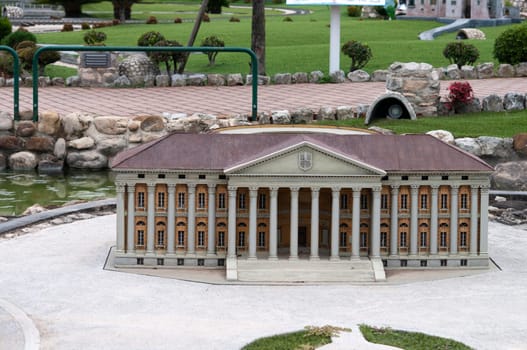 Viserba, Italy - June 25, 2024: City Hall at Verona at Theme park Italy in Miniature or Italia in Miniatura in Rimini, Italy - Reproduction of famous attractions in a small scale