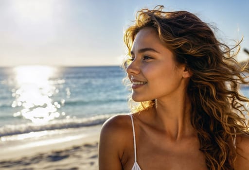 A young woman with curly hair smiling while standing at the beach during sunset. The sun reflects on the ocean, creating a warm, golden glow.