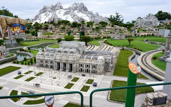 Viserba, Italy - June 25, 2024: Milan Central Station at Theme park Italy in Miniature or Italia in Miniatura in Rimini, Italy - Reproduction of famous attractions in a small scale