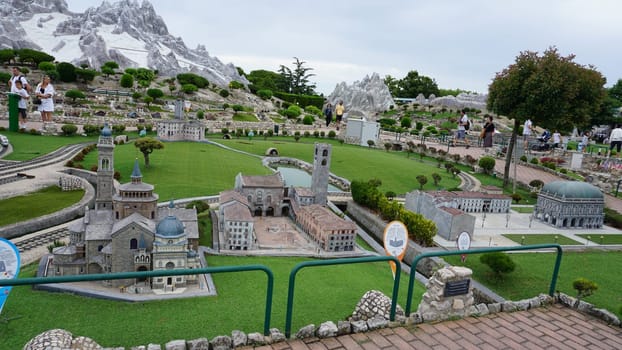 Viserba, Italy - June 25, 2024: Basilica di Santa Maria Maggiore in Bergamo at Theme park Italy in Miniature or Italia in Miniatura in Rimini, Italy - Reproduction of famous attractions in a small scale