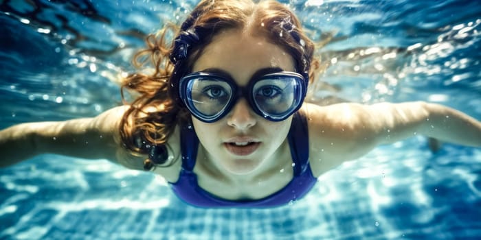 A young woman with curly hair swimming underwater while wearing goggles. The clear water and sunlight create a vibrant and refreshing scene.
