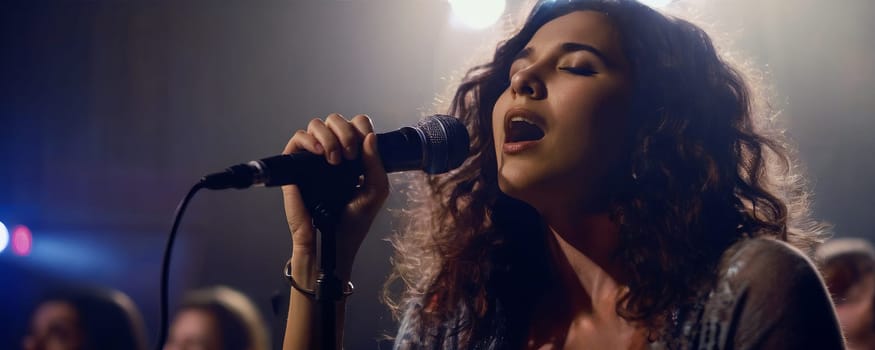 A young woman with curly hair passionately singing into a microphone on stage under dramatic lighting. The background is dimly lit with audience members in the foreground.