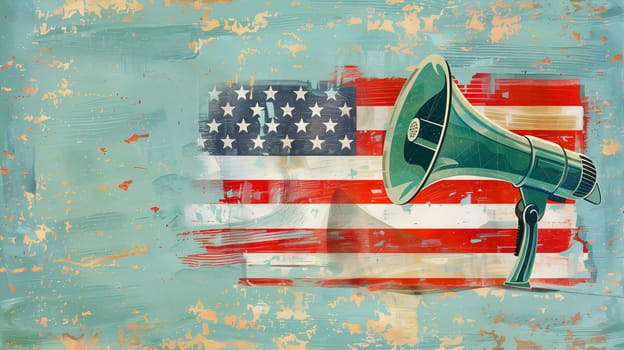 American flag with megaphone, US election, citizens of America voting president, Memorial Day, Labour Day, banner