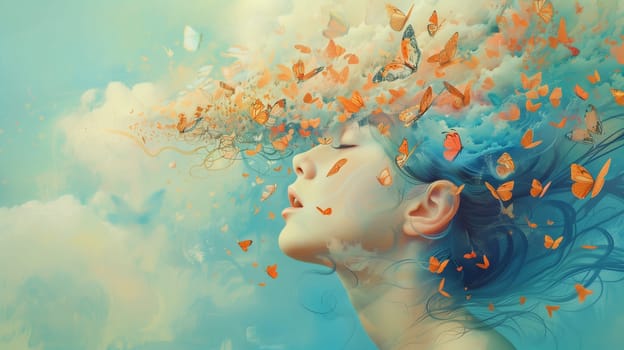 Human brain with butterflies, self care and mental health concept, positive thinking, creative mind