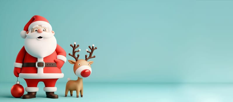 Happy smiling Santa Claus holding with baby reindeer, winter holiday season, christmas greeting card, blue background