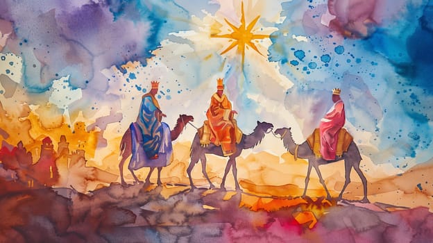 Birth of Jesus Christ, three kings riding on camels through the desert night, star of Bethlehem, religion and faith of christianity, bibical story of Christmas